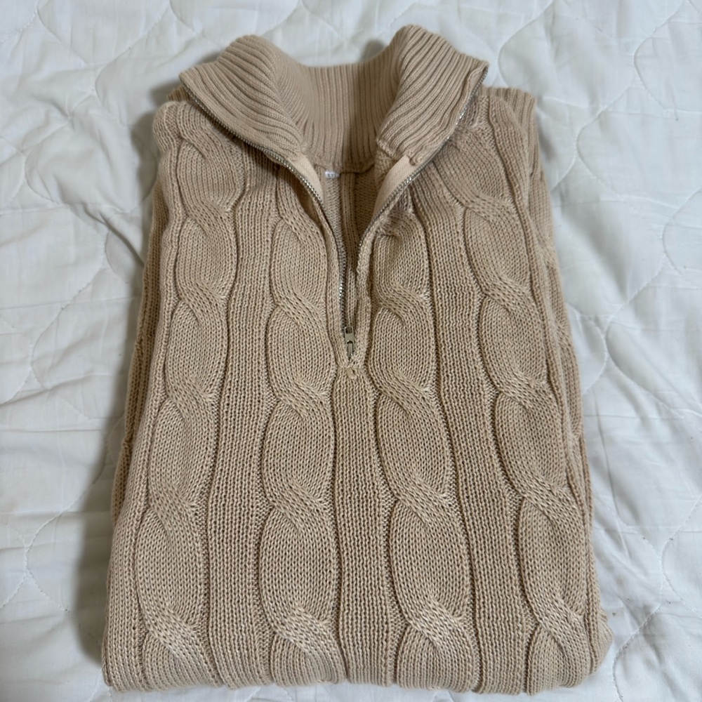 Khaki Cable Knit Sweater with Half-Zip